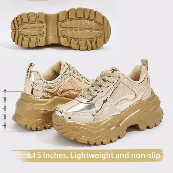 Women Gold Hologram Casual Tennis Lace Up Chunky Sneakers Shoes - Picture 2 of 7